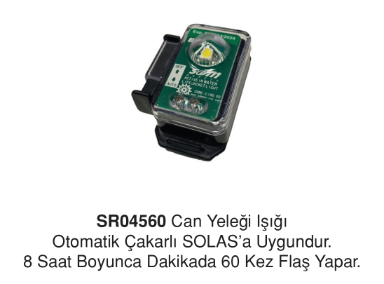 Can yeleği Işığı Otomatik Çakarlı SOLAS'a uygundur. 8 saat boyunca dakikada 60 kez flaş yapar.